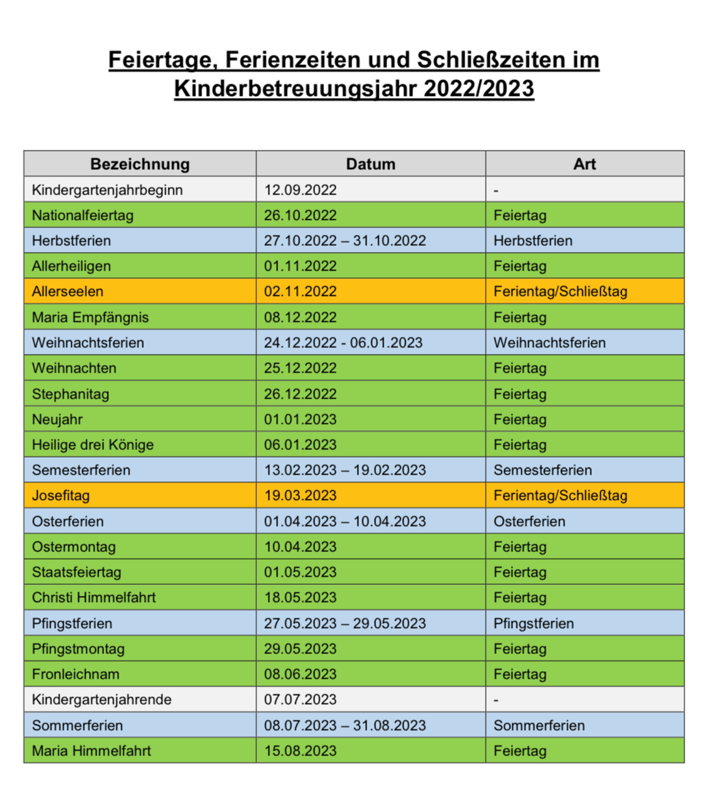 Feiertage Ferientage Schließzeiten